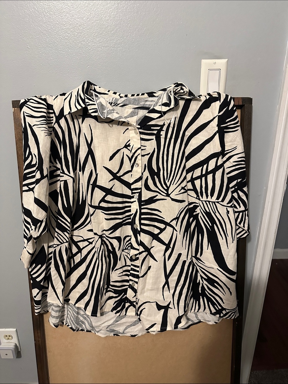 Rachel Zoe Black and White Palm Print Button-Up Blouse